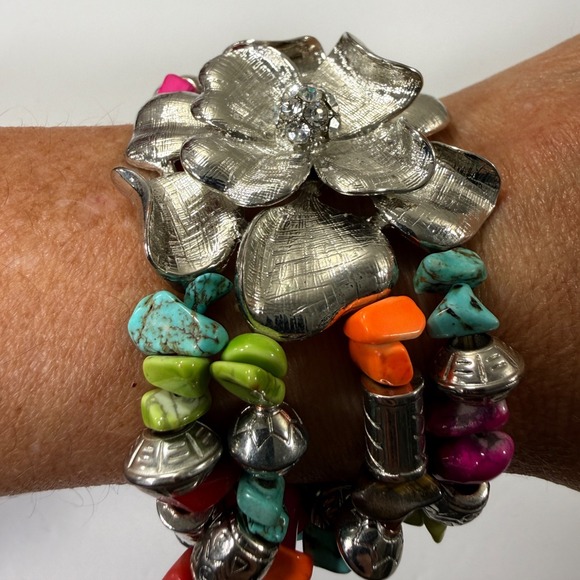 Multi Strand Bracelet Beaded Stacking Silver Tone Flower Charm Rhinestone Accent - Picture 2 of 9